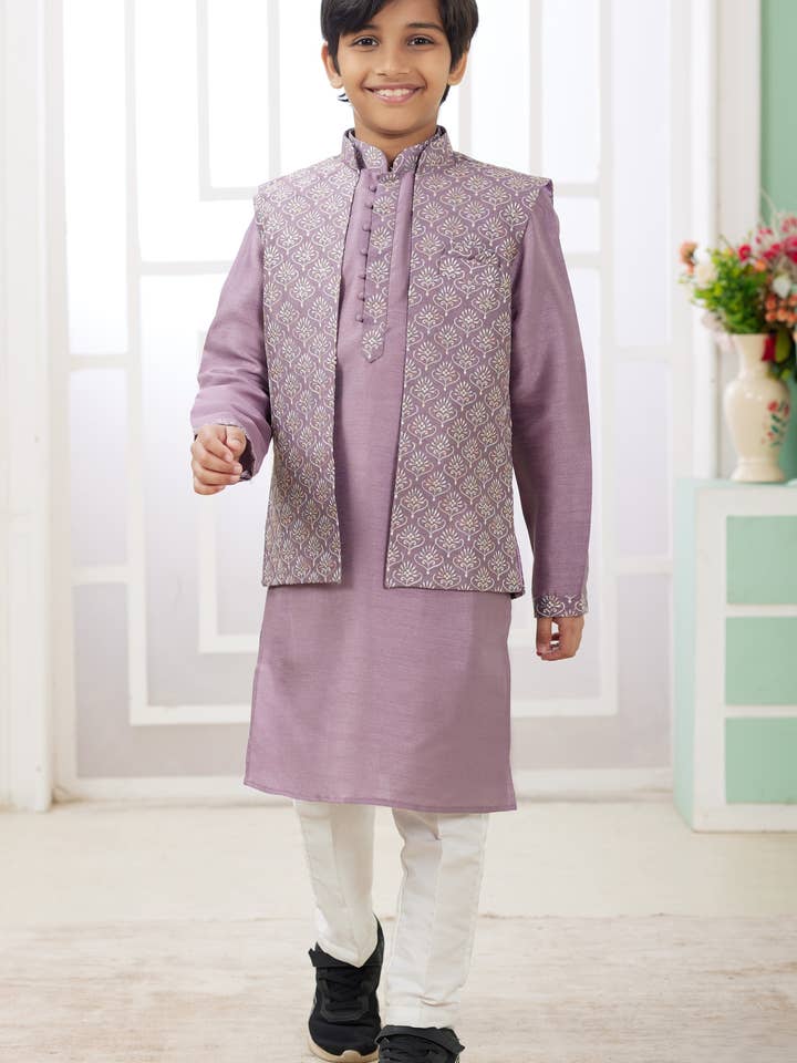 Rose Gold Art Silk 3 Piece Kids Wear Boys Suit Kurta Pajama with Waistcoat Nehru Jacket for Kids for Festivals & Wedding - Embroidery Work for wholesale by HATKE BRIDE