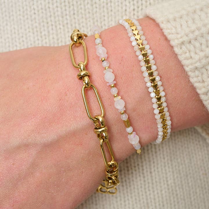 Safra Rainbow Moonstone & Gold Stacking Bracelets for wholesale by Boho Betty