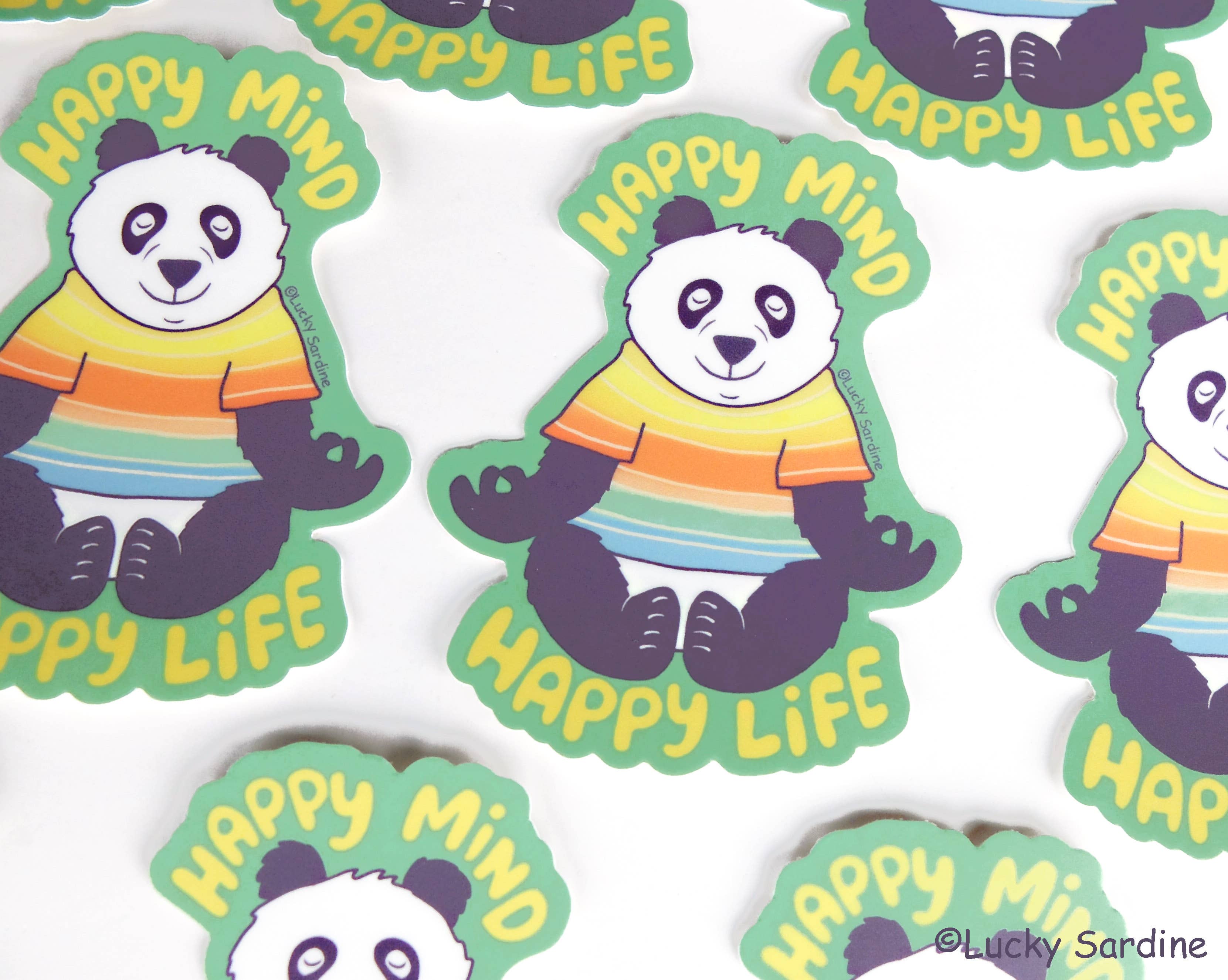 Lucky Sardine - Wholesale Sticker - Panda, Happy Mind Happy Life, Rainbow Meditate Vinyl Sticker1