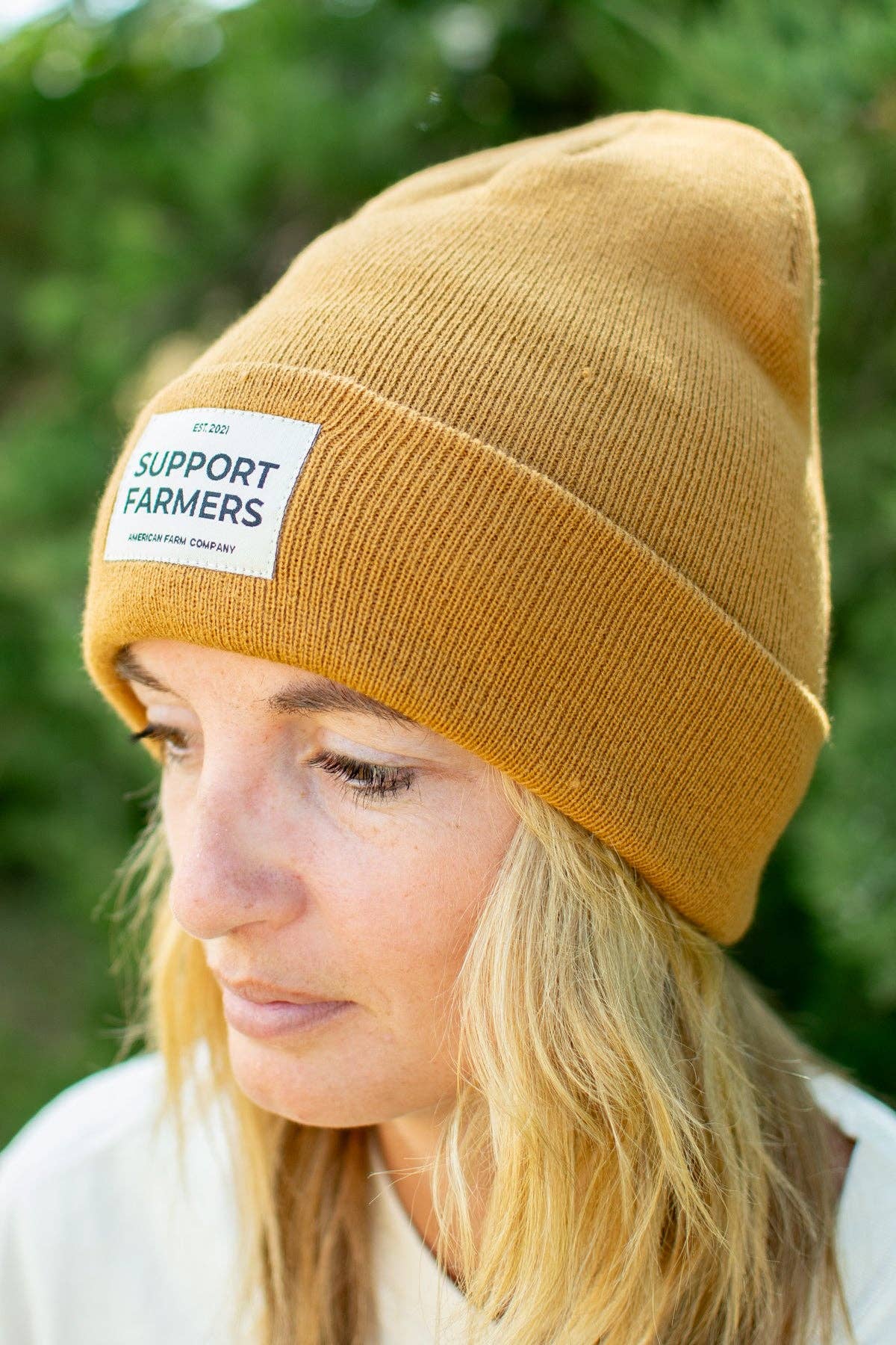 Coyote Brown ‘Support Farmers’ Beanie for wholesale on Faire3