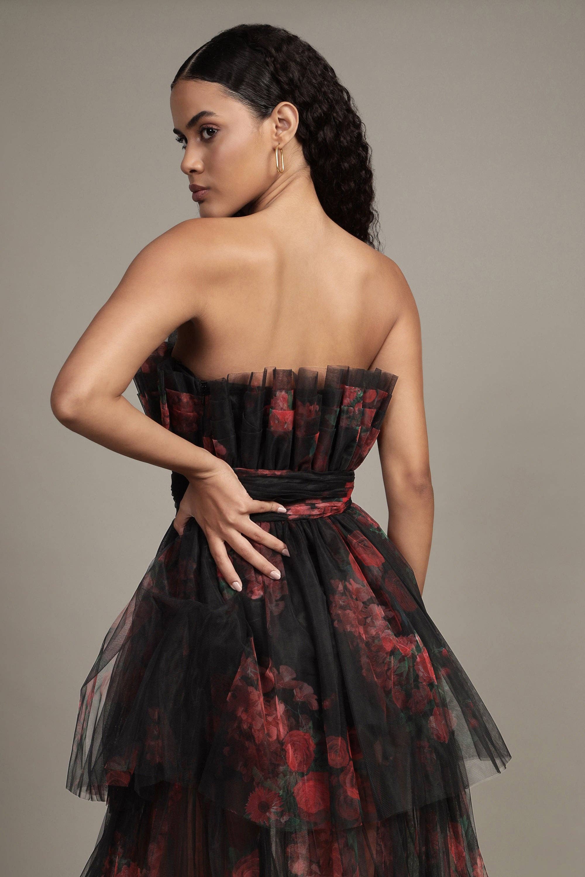 Natalia Tulle Maxi Dress in Black and Red Floral for wholesale on Faire9