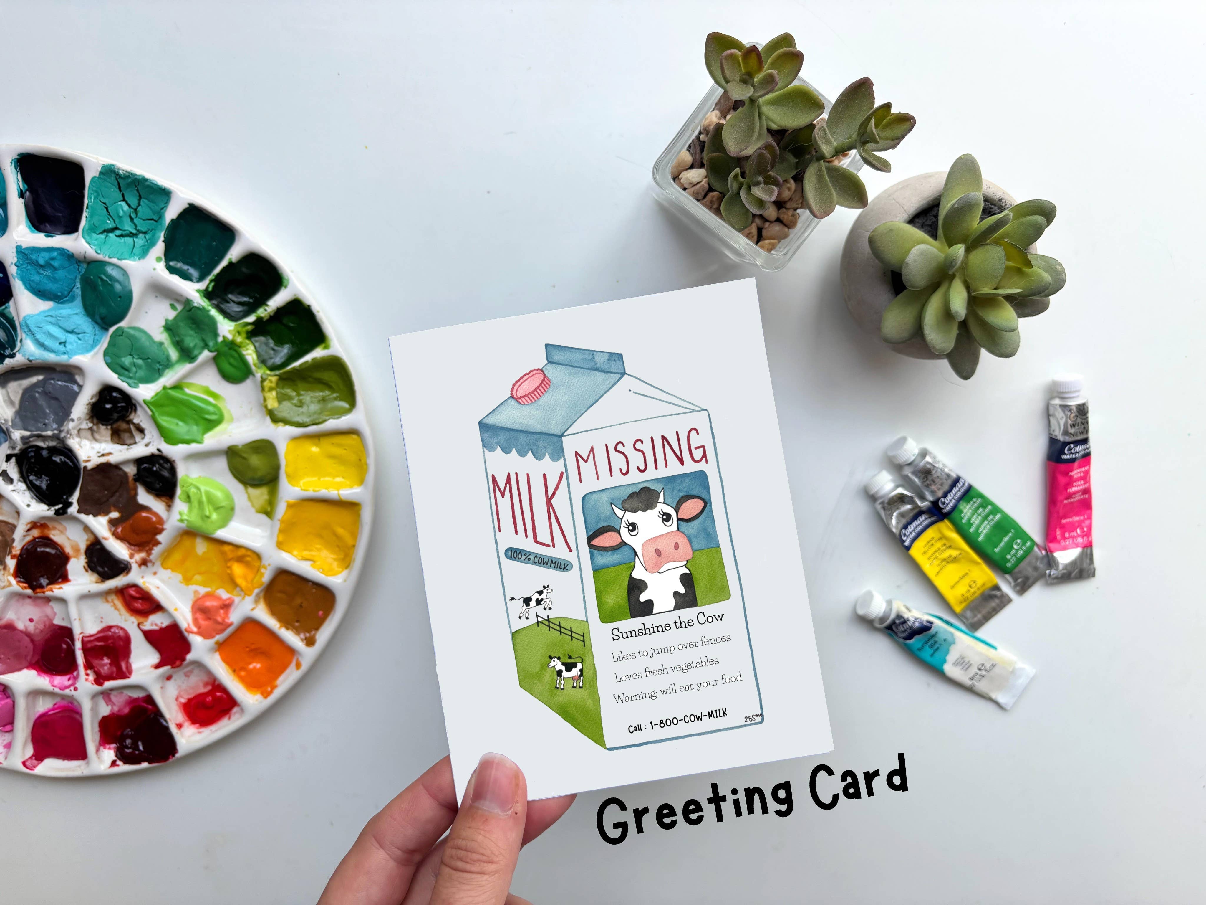 Owlfeathers Watercolor - Wholesale Everyday Greeting Card - Missing Moo Milk Carton Watercolor Greeting Card – Funny Cow0