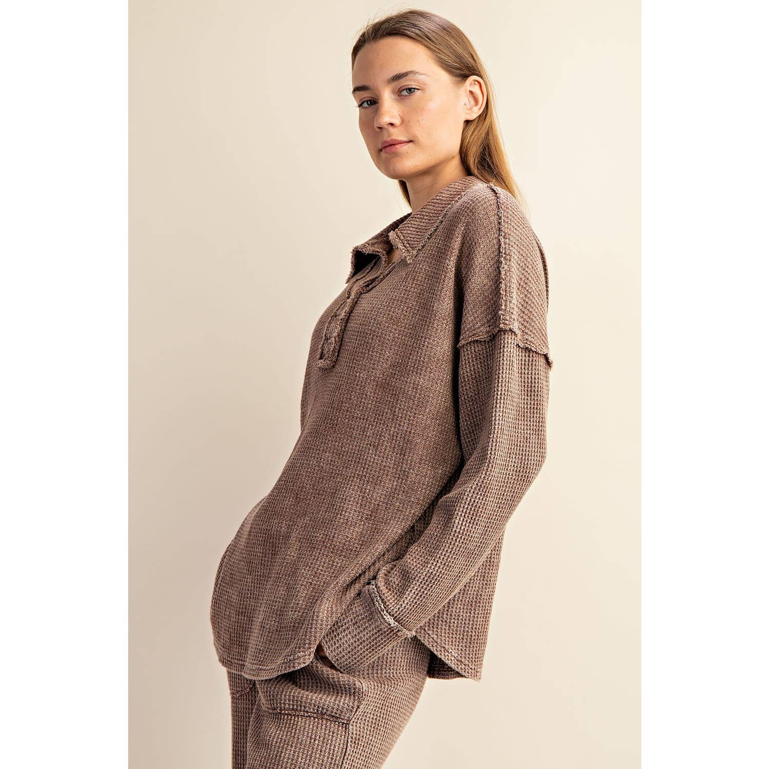 Rae Mode - Wholesale Athletic Top - Women's - MINERAL WASHED WAFFLE POLO SWEATSHIRT18