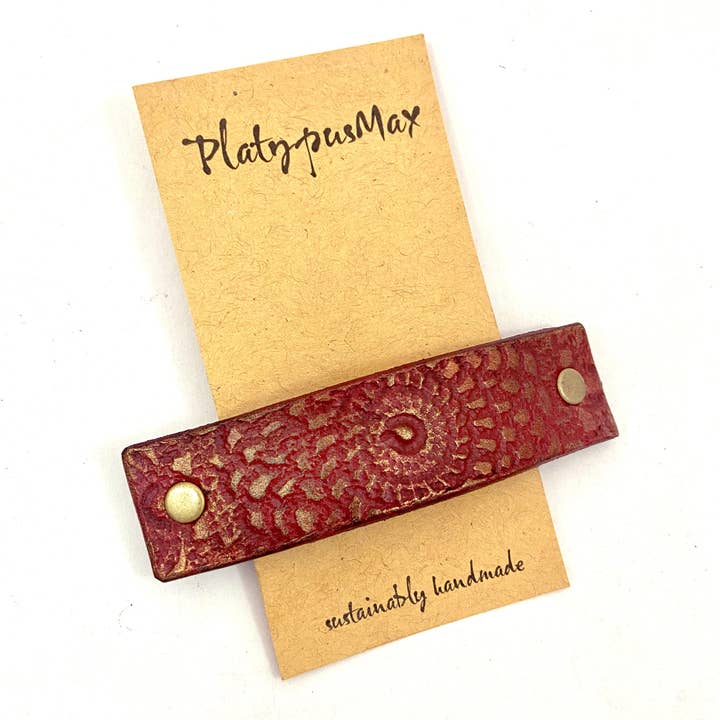 Rustic Red and Gold Mandala Leather Barrette for wholesale by PlatypusMax