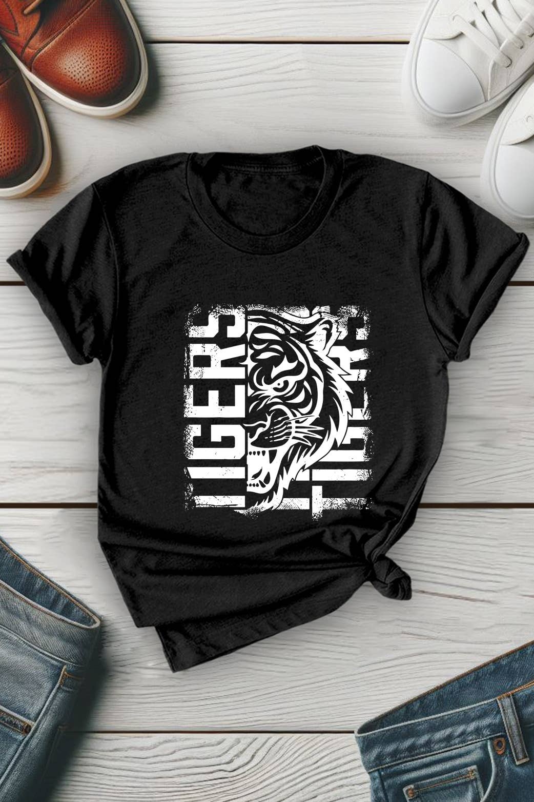 Top Avenue - Vendita all'ingrosso Maglietta stampata - Unisex - T-shirt unisex con scollo tondo con tigre invecchiata2