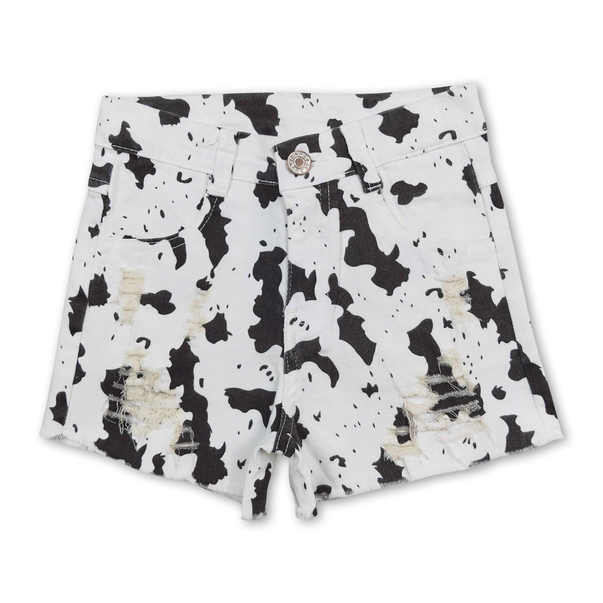 Yawoo Garments - Wholesale Shorts - Kids - Black cow print distressed kids girls denim shorts0