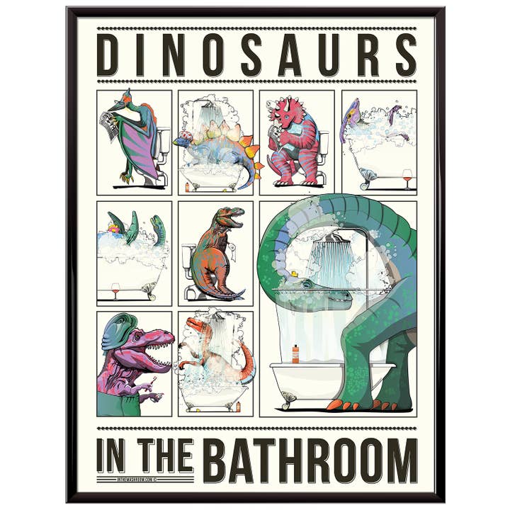 In The Washroom - Wholesale Bathroom Sign - Dinosaurs bathroom poster. Funny Dinosaur Toilet Humour