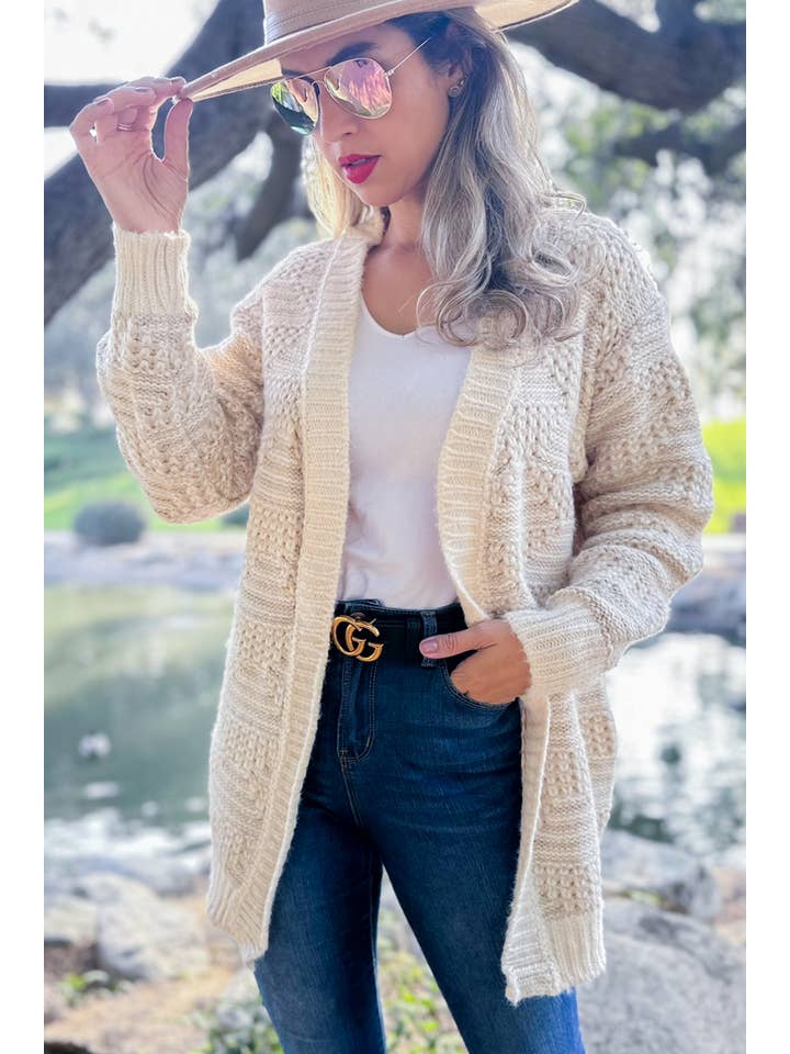 Beige Ivory Two Tone Textured Open Front Long Sleeve Knit Cozy Cardigan for wholesale on Faire2