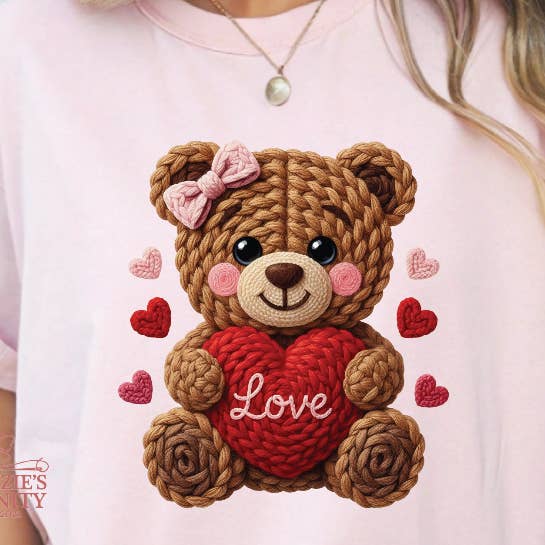 Faux Yarn Crochet Retro Valentine Brown Bear Shirt for wholesale by McKenzie’s Infinity LLC