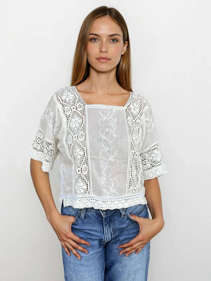 Betty Embroidered Short Sleeves Blouse With Lace Natural for wholesale by Blue Boheme