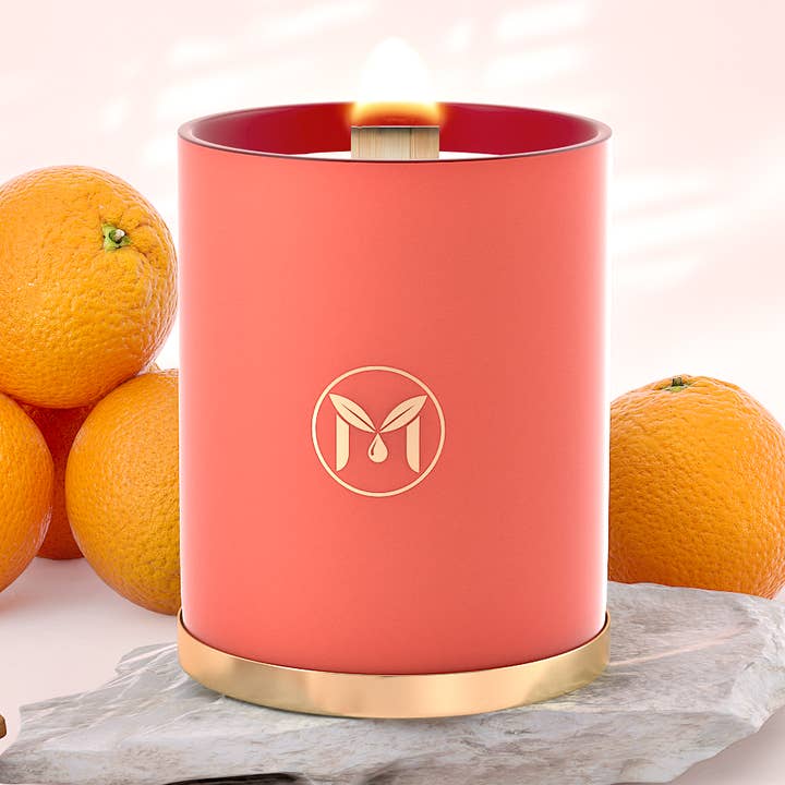 Vela de mecha de madera crepitante, 100% cera de soja, naranja y canela para venta al por mayor de MyrrhUSA