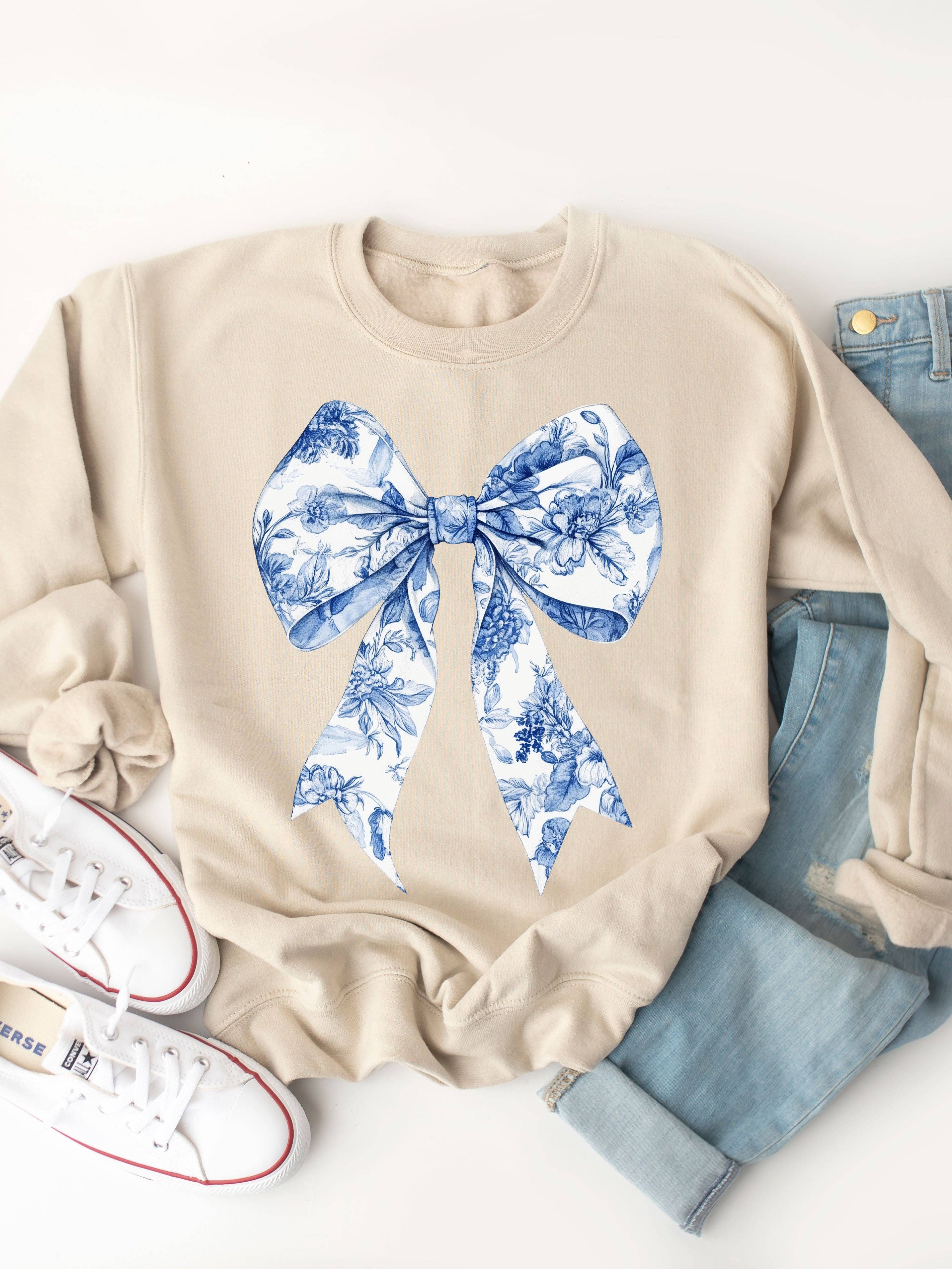 Tickled Teal – wholesale Graphic sweatshirt – Women’s – Blue White Floral Coquette Bow Graphic Sweatshirt2
