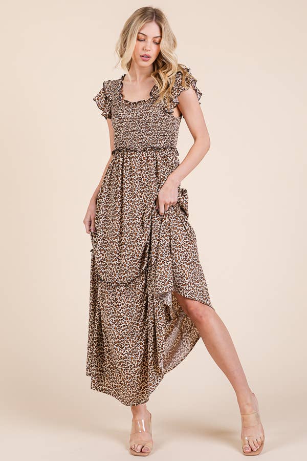Leopard Print Ruffle Sleeve Tiered Maxi Dress for wholesale on Faire9