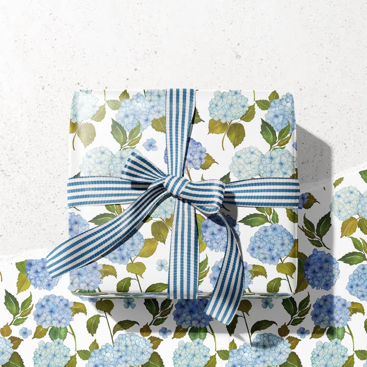 KelseyMDesigns - Wholesale Wrapping Paper Roll - Blue Hydrangea Pattern Wrapping Paper - 3 Sheet Roll