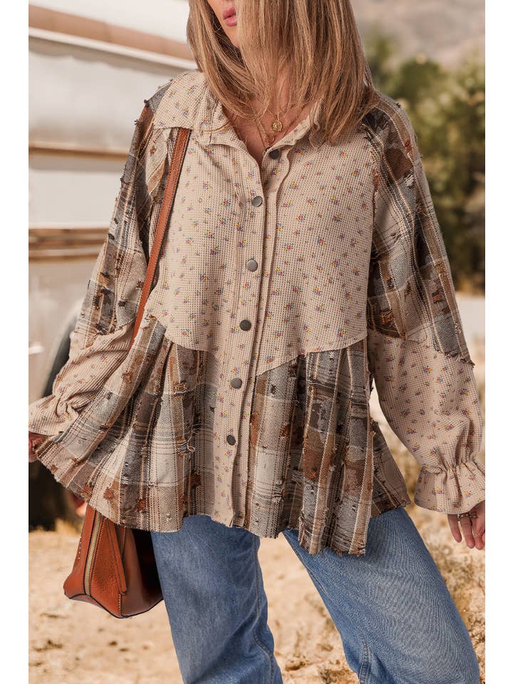 fashionworks - Wholesale Shirt Jacket/Shacket - Women’s - Boho Distressed Detail Ruffled Sleeve Waffle Knit Shacket