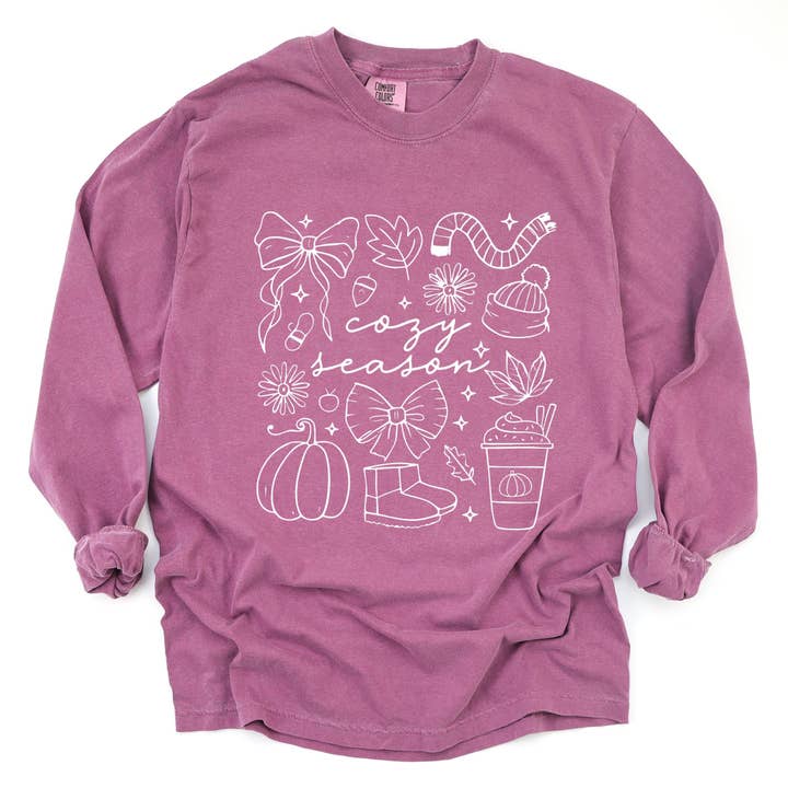 Cozy Season Coquette Icons - Womens Garment Dyed Long Sleeve for wholesale by Olive And Ivory Wholesale