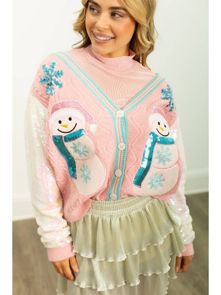 Pink Snowman Cardigan with Sequin Sleeves for wholesale on Faire9