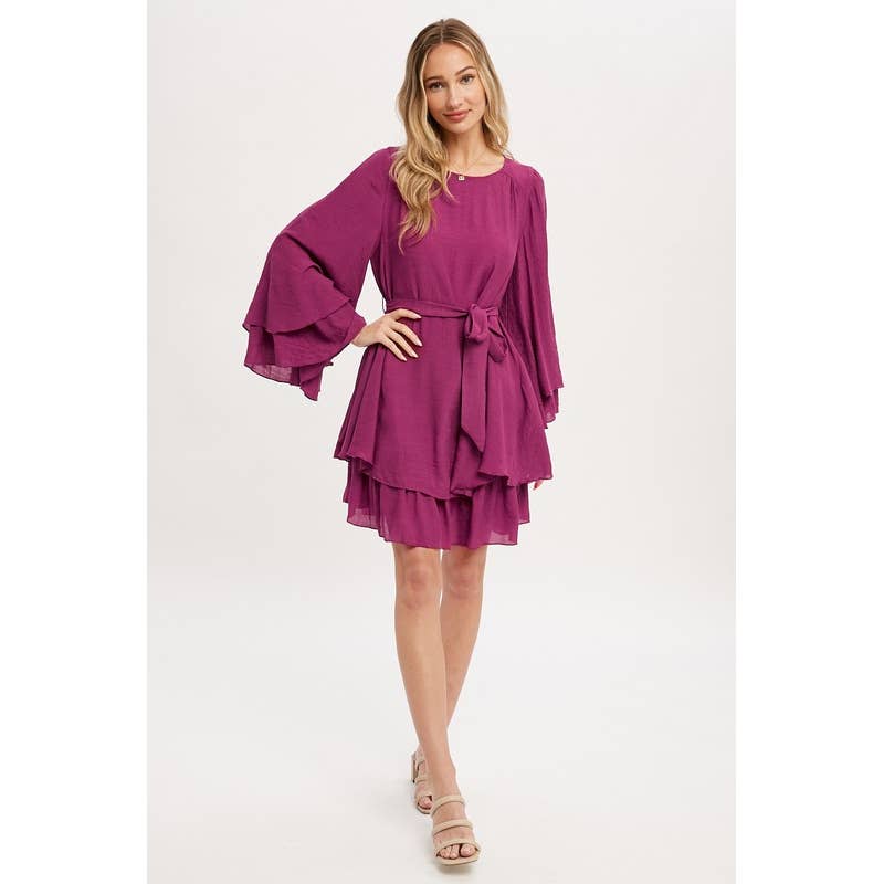 Pink Irene Wholesale - Wholesale Dress - Women's - LONG BELL SEEVE SELF TIE RUFFLE HEM SOLID DRESS16