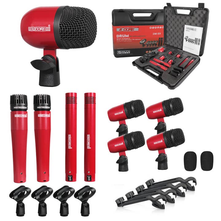 5 Core Drum Microphone Kit 9Pc All Metal Drummer Mics Tom/Snare & Cymbals Wired Instrument Drums Set for wholesale by K Cube Inc