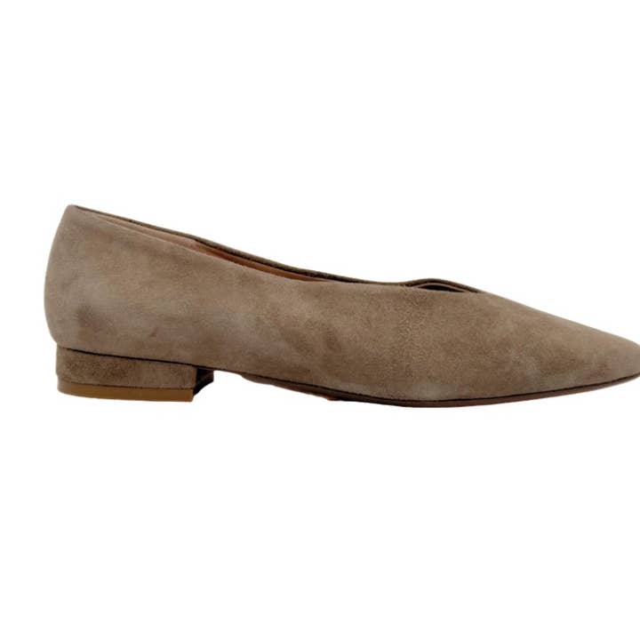 Riley Chocked up Pointy Toe Taupe Suede Ballet Flat for wholesale by Amie Rafa