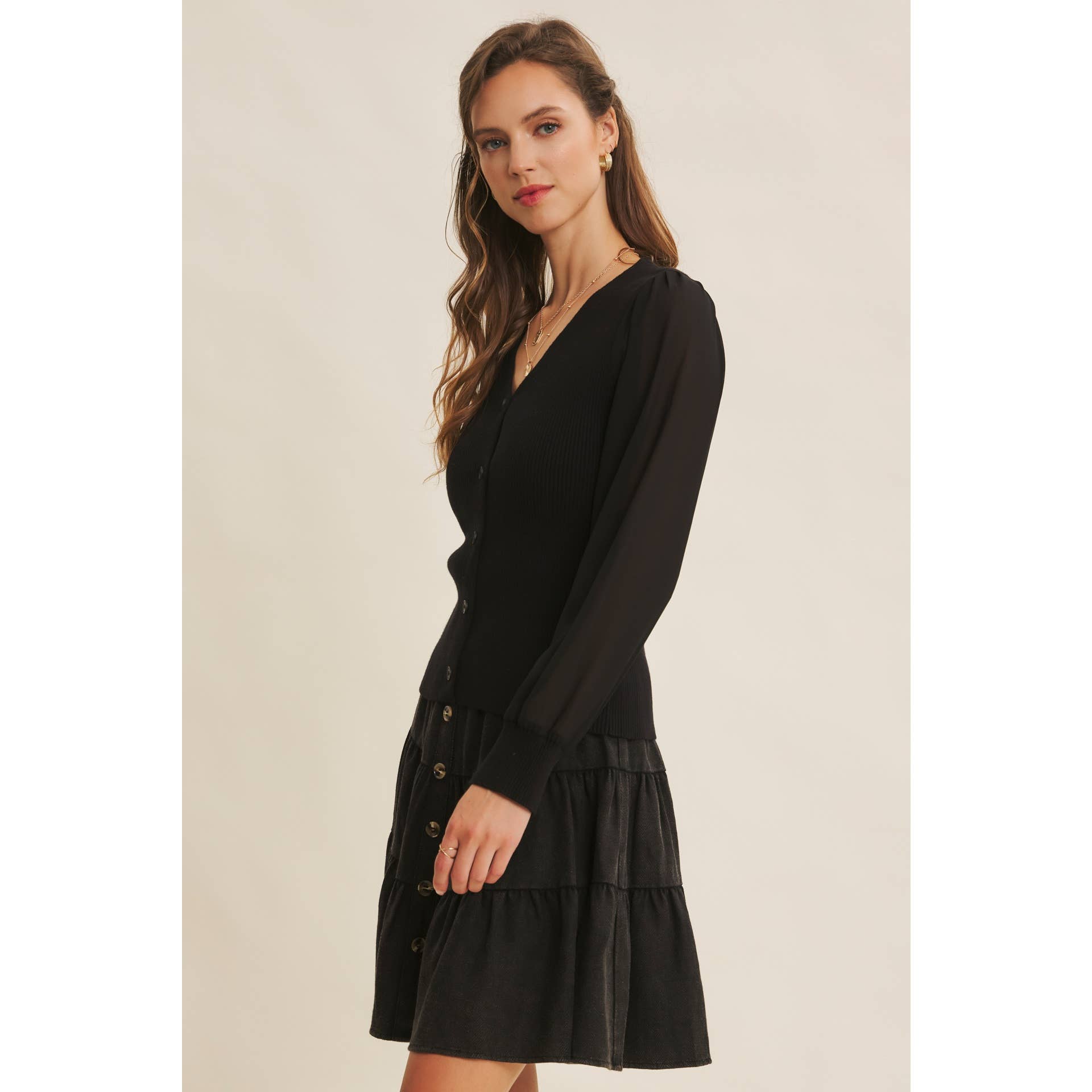 in february - Wholesale Cardigan - Women's - FITTED RIB SWEATER CARDIGAN WITH SHEER CHIFFON SLEEVES15