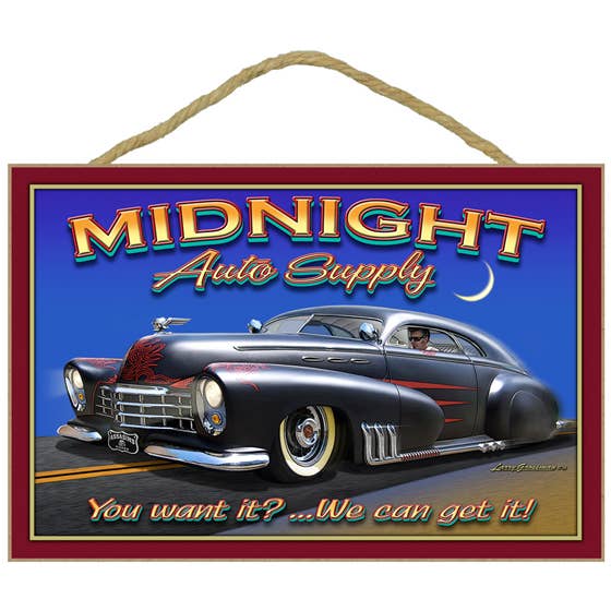 Midnight Auto Supply sign with black car 7" x 10.5" wood pla for wholesale by SJT Enterprises, Inc.