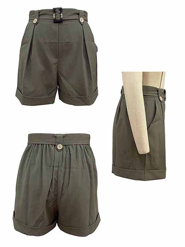 ARMYGREEN CWBSP0117_HIGH WAIST BELTED POCKET SHORT PANTS for wholesale on Faire7