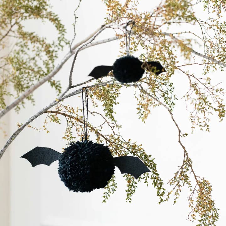 Adams & Co. - Wholesale Ornament Set - 55301 - 2", 4" pom pom BAT s/2 ornament HALLOWEEN DECOR