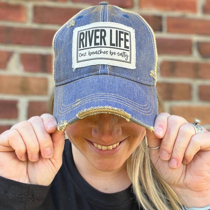 River Life Royal Acid Washed Distressed Baseball Cap for wholesale by RiOak Design & Hat Co.