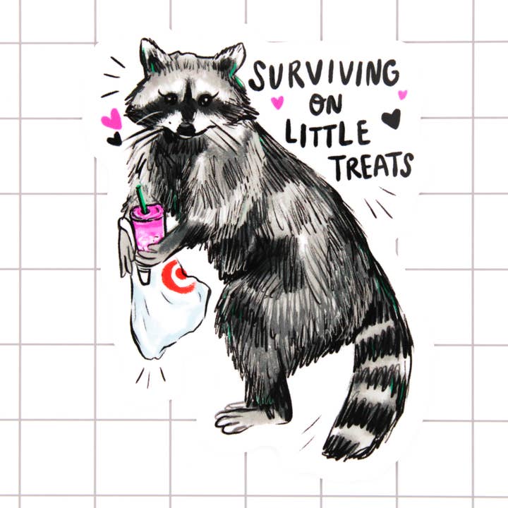 Little Treat Raccoon Vinyl Sticker for wholesale by Amy Hartelust Art and Illustration