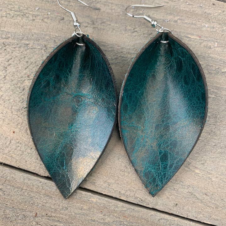 Dark Distressed Teal Leather Earrings for wholesale by Jill's Jewels