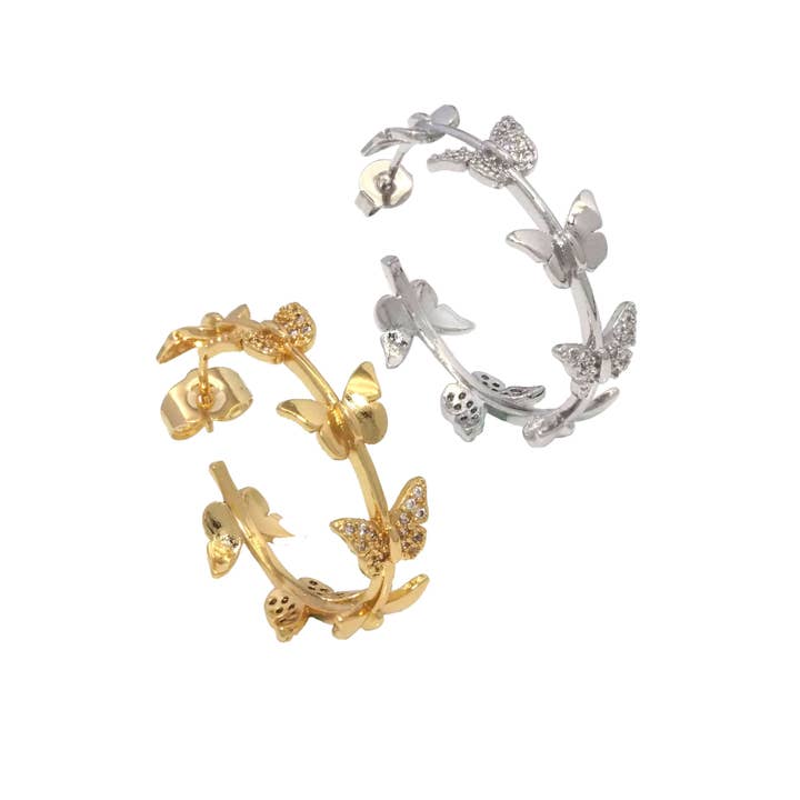 Gold Silver Clear CZ Butterfly Hoop Earring, Sku#LX207 for wholesale by BestBeads&Beyond