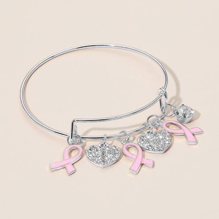 Sensibling Corp. - Wholesale Charm/Dangle Bracelet - 12PCS - Awareness Pink Ribbon Charm Heart Accents Bangle Bracelets3