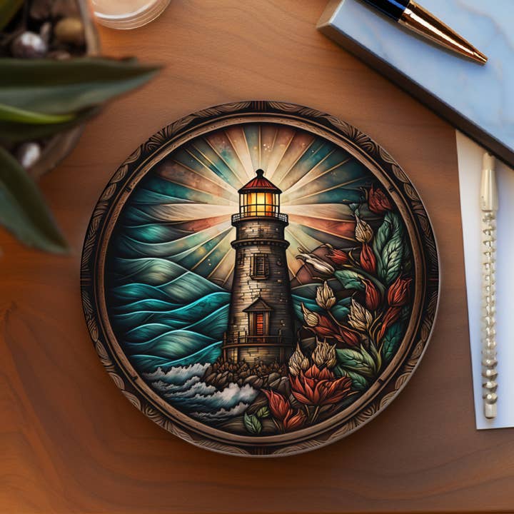 Lighthouse Ceramic Coaster with Stained Glass Image for wholesale by Fernville Creations
