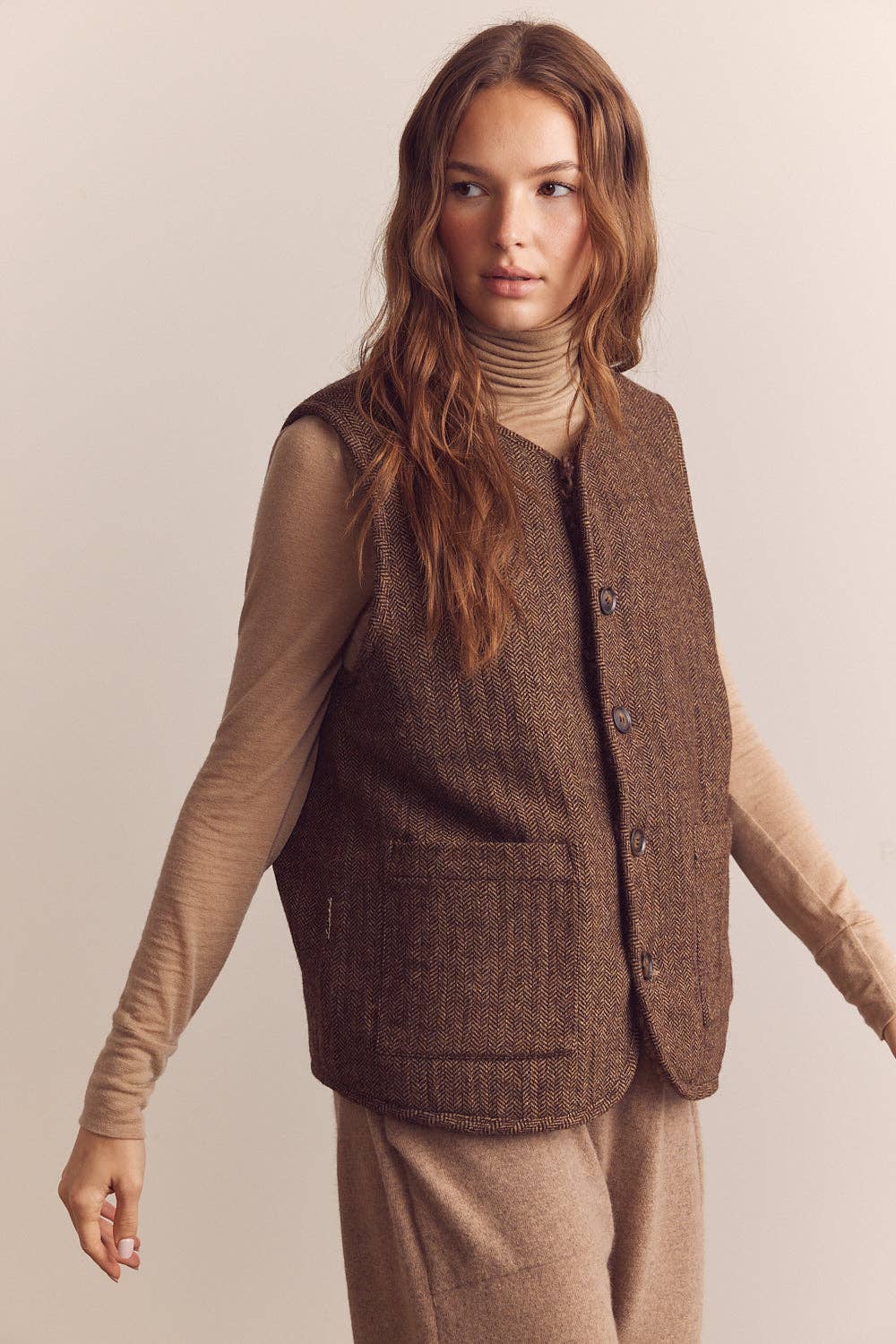Mocha Brown Color block wool blend shepherd reversible vest  for wholesale on Faire1