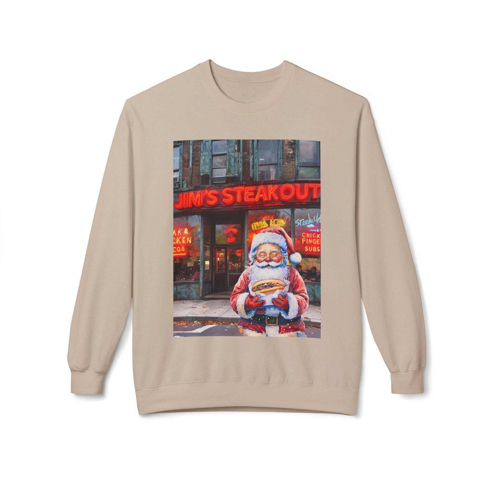Buffalovely - Wholesale Graphic Sweatshirt - Unisex - Santa with a Hoagie at Jim's Steakout Unisex Cozy Crewneck Sweatshirt3