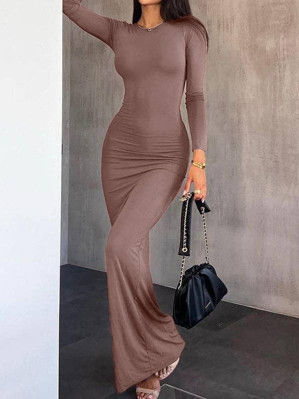 Chicto - Wholesale Jurk - Dames - Bodycon Lange Mouwen Transparante Effen Kleur Ronde Hals Maxi Jurken