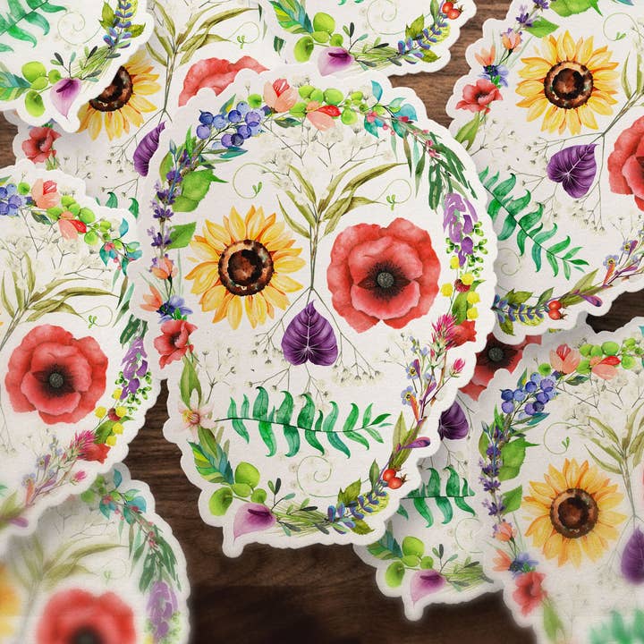 Floral Skull Vinyl Waterproof Sticker for wholesale by Heirloom Ink