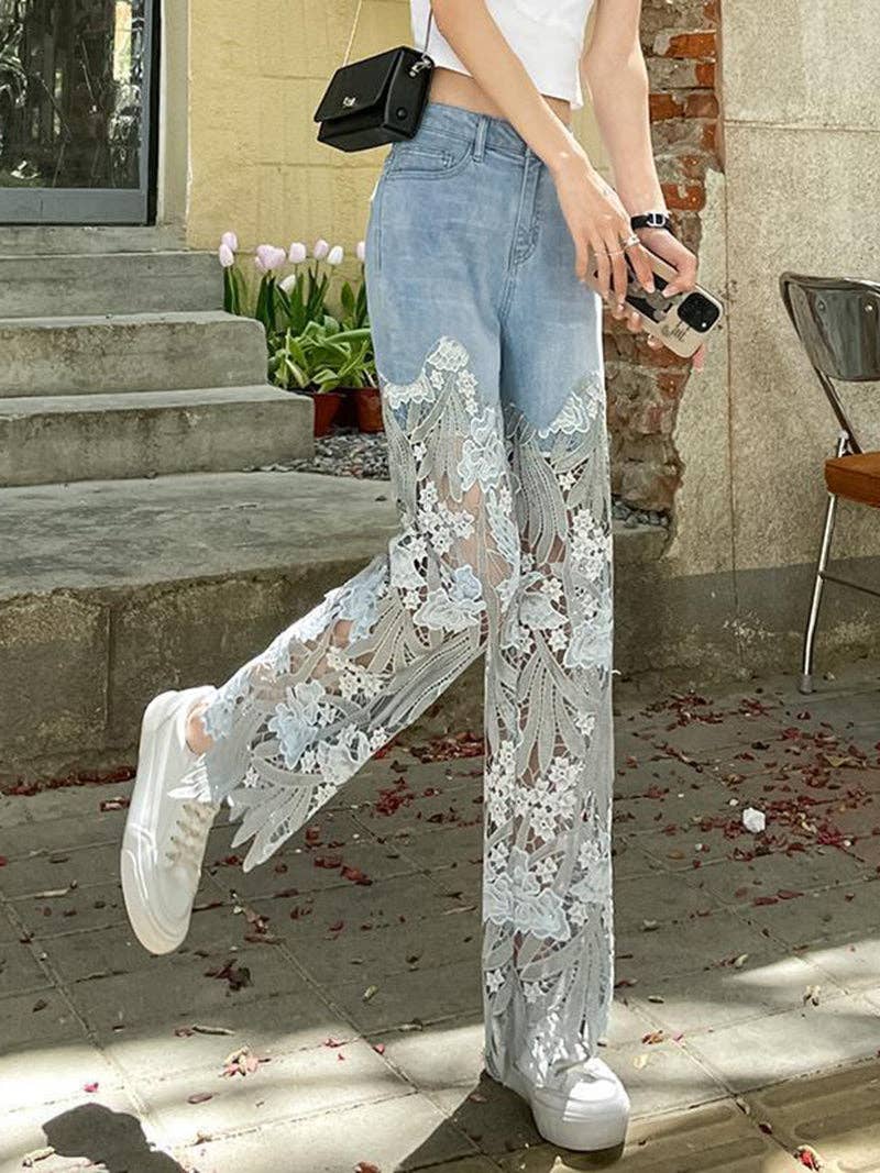 safistyle - Wholesale Jeans - Women's - Lace Denim Wide-Leg Pants1