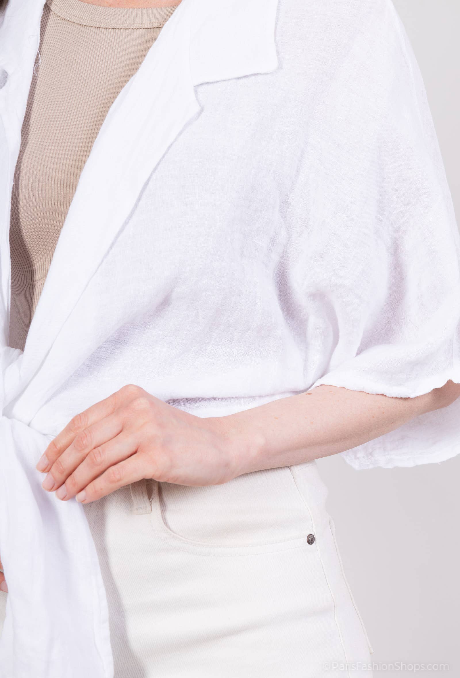 L'Emotion - Venta al por mayor Blusa - Mujer - Blusa corta de lino 100 % con mangas 3/4 y nudo5