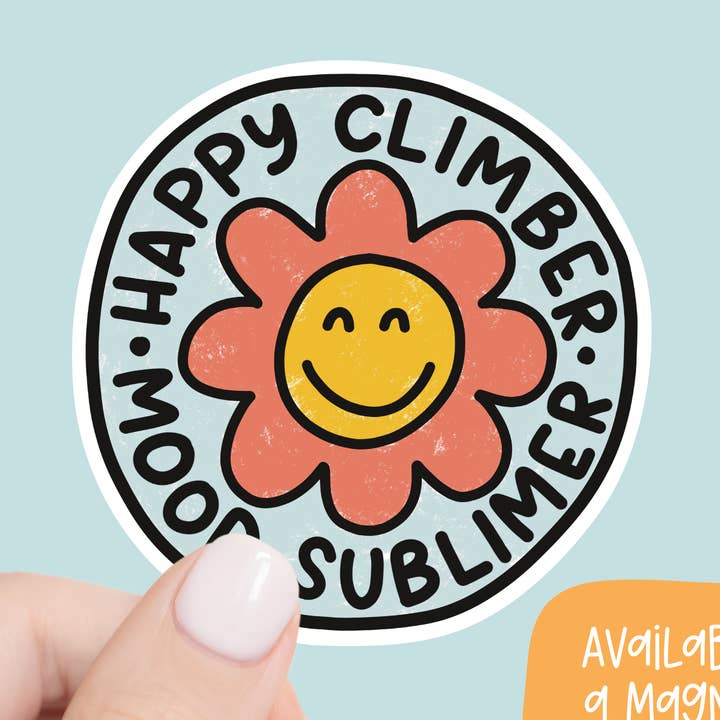 Happy Climber, Mood Sublimer Waterproof Sticker or Magnet for wholesale by The Holler Hippie