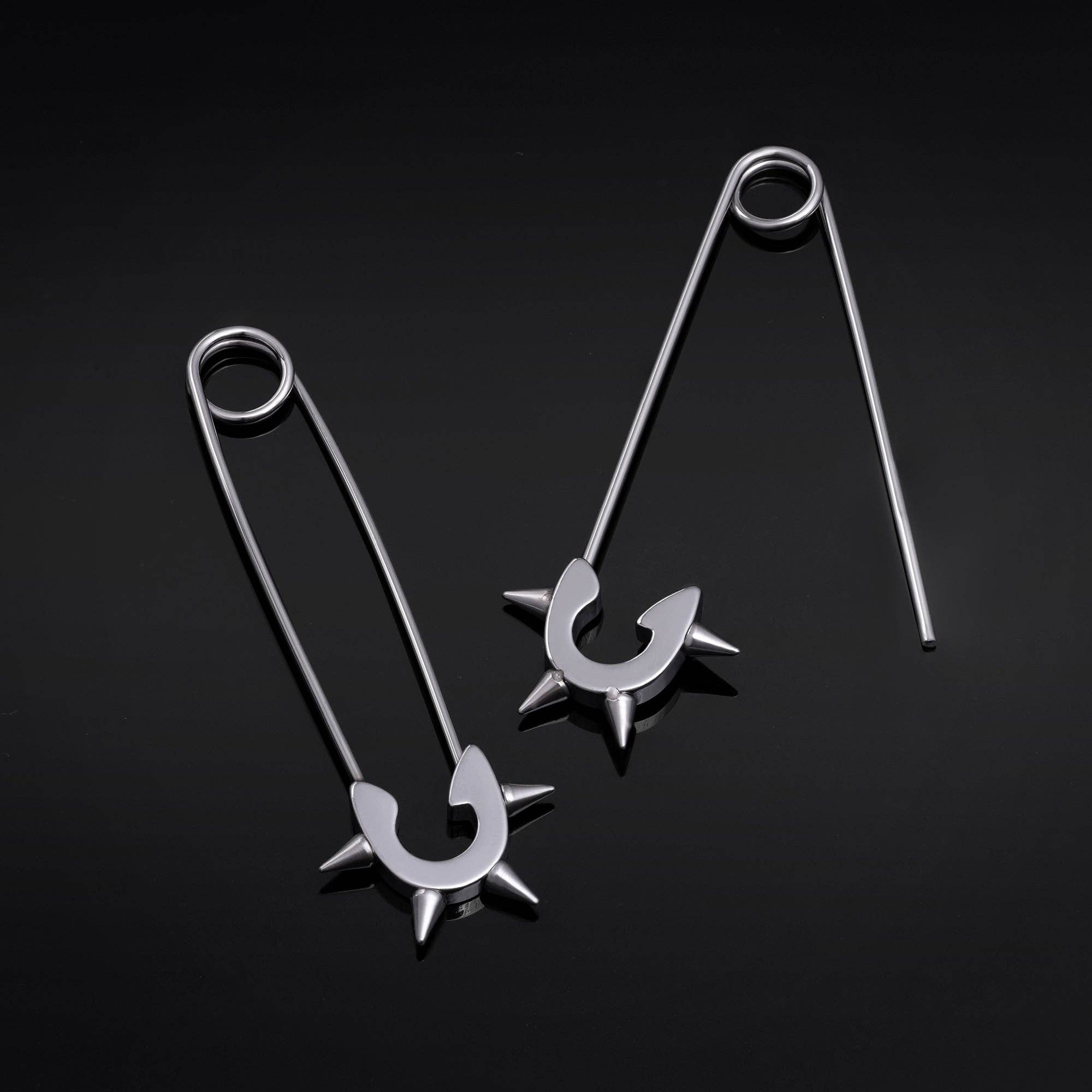 Custom Plugs – wholesale Dangle earrings – Stainless Steel Silver Spiked Safety Pin Earrings (Pair)0