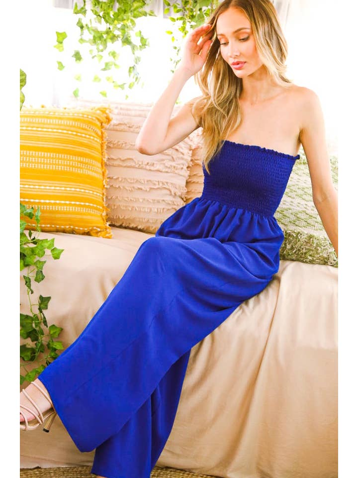 Vine & Love - Wholesale Jumpsuit - Women's - Casual Strapless Tube-Smocked Wide Leg Romper VP60592