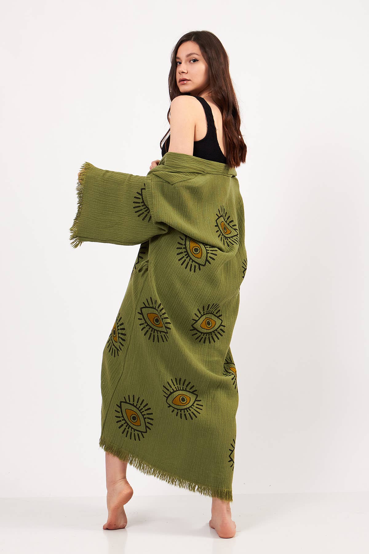 Yaz Concepts - Wholesale Kimono - Women's - Turkish Evil Eye Print Olive Green Robe Festival Kimono 1