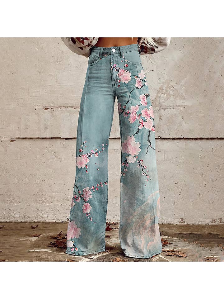 Tourtiwi - Wholesale Pants - Women's - Women's wide leg flared pants imitation denim trousers
