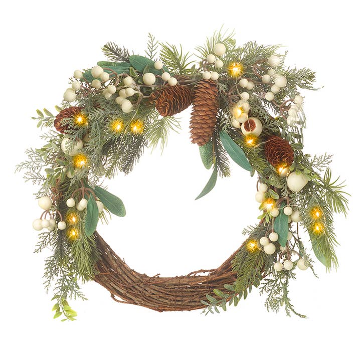 HALF RATTAN LED WHITE BERRY WREATH for wholesale by Heaven Sends