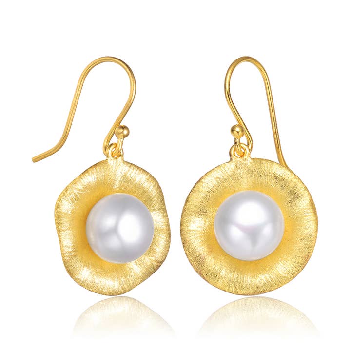 Sterling Silver Gold Plated Round Pearl Hook Earrings for wholesale by Genevive