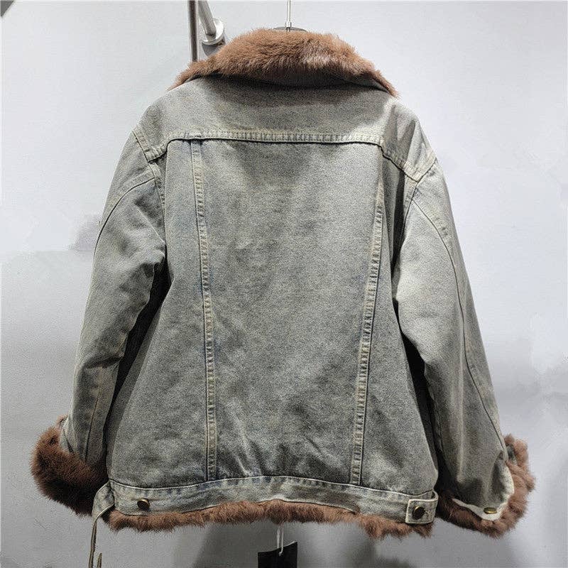 Sanyao Fashion - Wholesale Fur/Faux Fur Coat - Women's - M268 Winter Contrast Stitching Denim Loose Fur Cotton Coat7