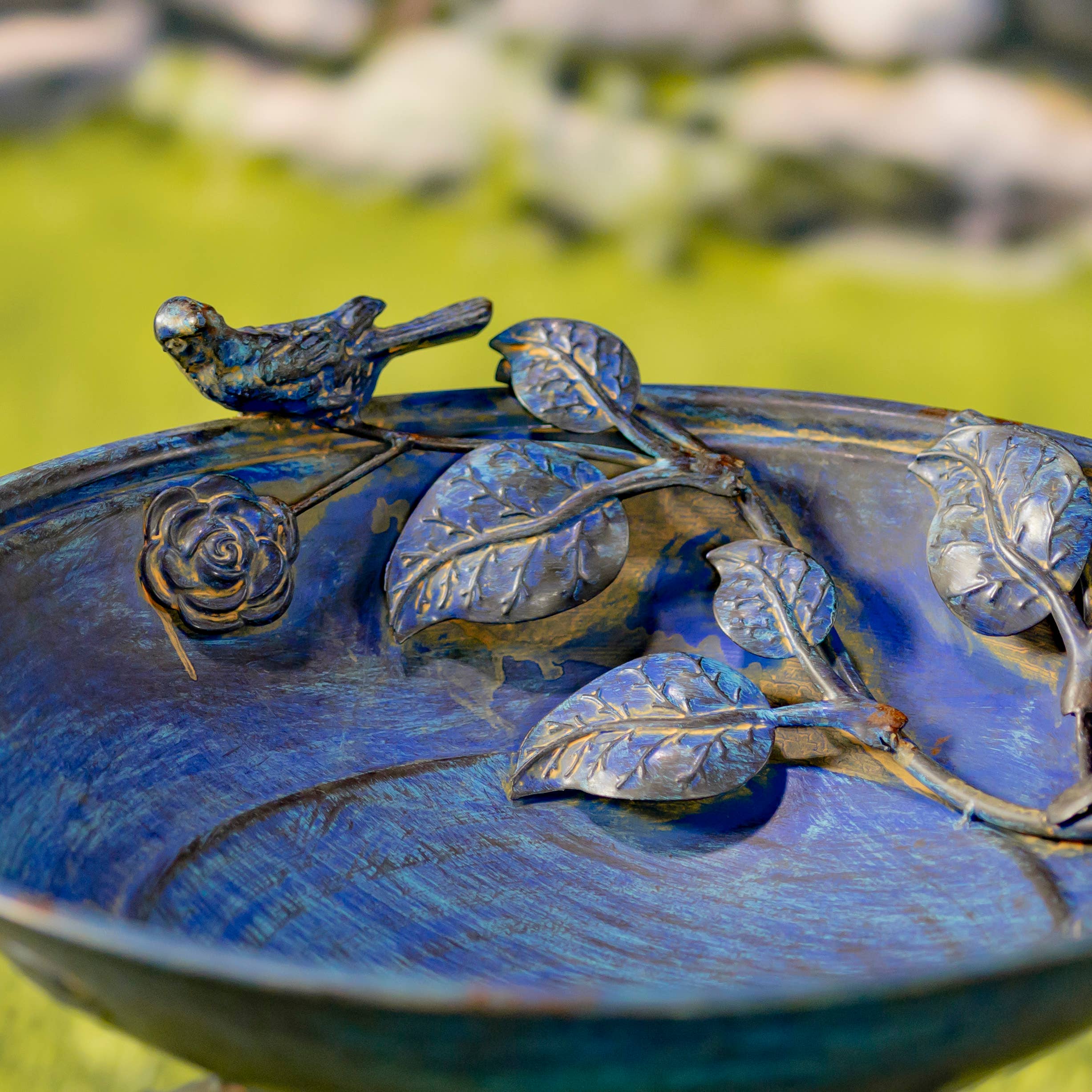 Zaer Ltd. International - Wholesale Bird Bath - 30.7" Tall Round Iron Birdbath with Rose & Bird Accents2