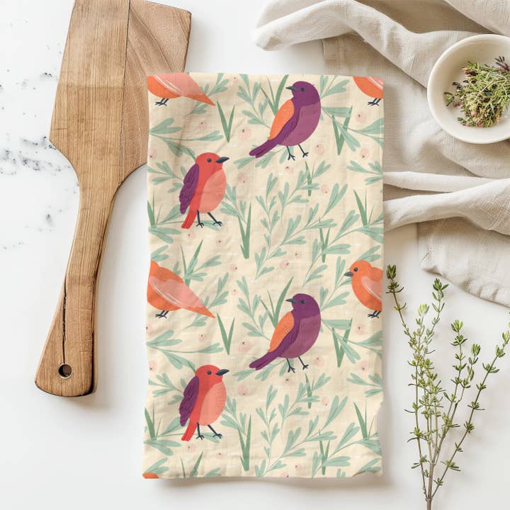 Asciugamano da cucina in sacco di farina con uccelli primaverili per la vendita all'ingrosso da parte di Cherilyn Colbert